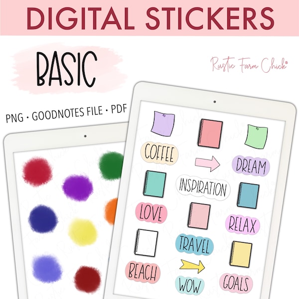 WATERCOLORS Digital Planner Stickers, Basic GoodNotes Stickers, Ink Blots Pre-cropped Digital Stickers, Bonus Stickers