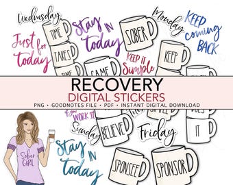 SOBRIETY AA Pegatinas digitales de recuperación, pegatinas de planificador digital precortadas GoodNotes, pegatinas de bonificación