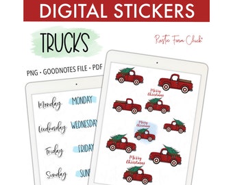 CHRISTMAS TRUCKS Digital Stickers for GoodNotes, Printable Holiday Pre-cropped Digital Planner Stickers, Farm Truck Stickers, Bonus Stickers
