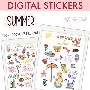 Autocollants numériques SUMMER pour GoodNotes, autocollants pour agenda numérique pré-recadrés, cliparts, dessins, illustrations, autocollants bonus