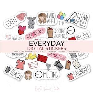 Pode incluir: Uma coleção de autocolantes digitais com várias ilustrações e texto, incluindo "Coffee", "Hair Appt", "Grocery Shopping" e "Clean House". Os autocolantes são de várias formas e cores, com o texto "EVERYDAY DIGITAL STICKERS" no centro.