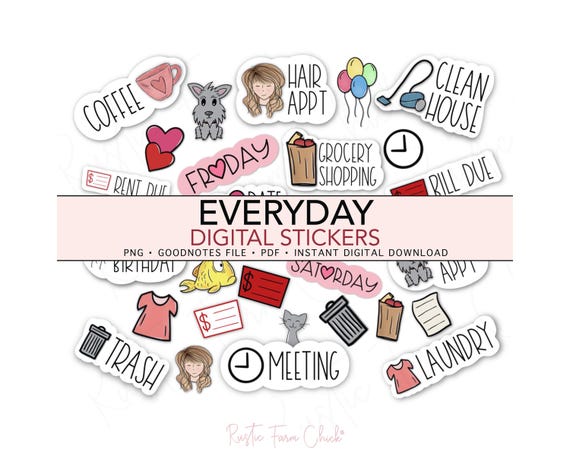EVERYDAY Digital Stickers, GoodNotes Stickers, Basic Pre-cropped Digital Planner Stickers, Bonus Stickers