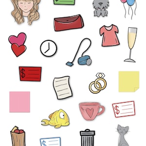 May include: A collection of illustrated icons on a white background. Includes a woman's face, a red purse, a dog, balloons, a dress, a champagne glass, hearts, a clock, a vacuum cleaner, rings, sticky notes, a fish, a cup, checks, a trash can, and a cat.