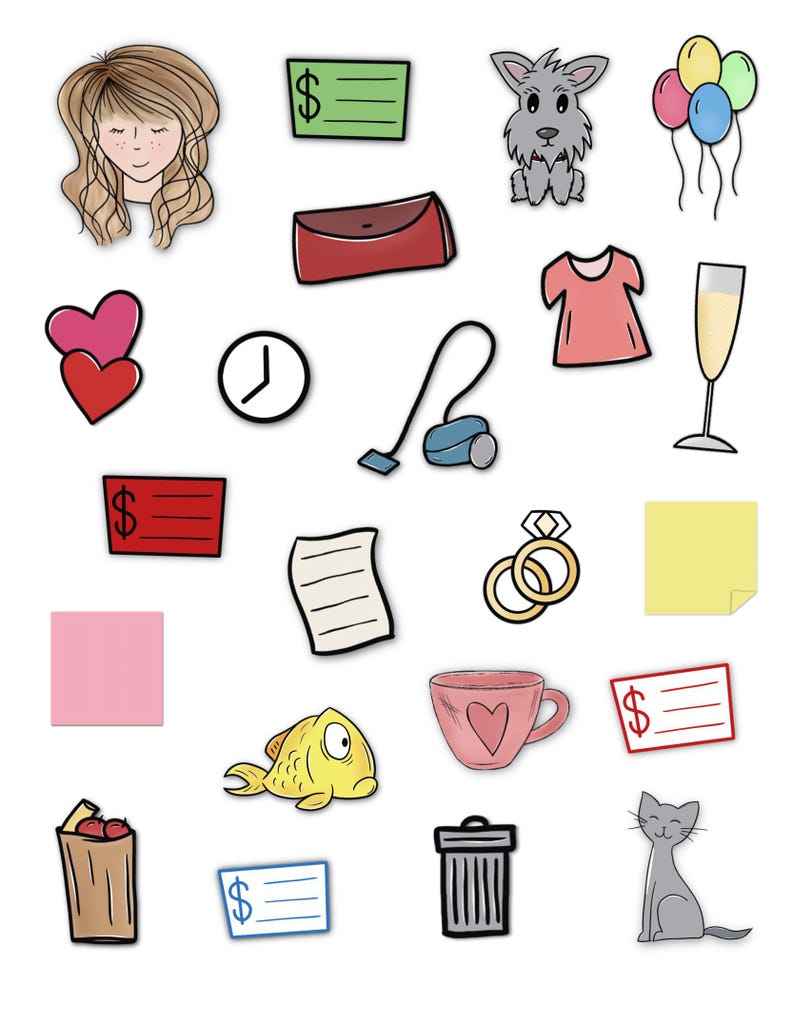 May include: A collection of illustrated icons on a white background. Includes a woman's face, a red purse, a dog, balloons, a dress, a champagne glass, hearts, a clock, a vacuum cleaner, rings, sticky notes, a fish, a cup, checks, a trash can, and a cat.
