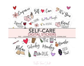 SELF-CARE Digital Stickers, Wellness Pre-cropped Digital Planner Stickers, GoodNotes, Bonus Stickers