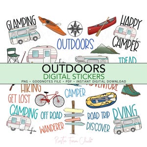 OUTDOORS Digitale Aufkleber, Camping Thema vorgeschnittene Digitale Planner Aufkleber für GoodNotes, Zelt, Boot, Floß, Kayak, RV, Bonus Aufkleber