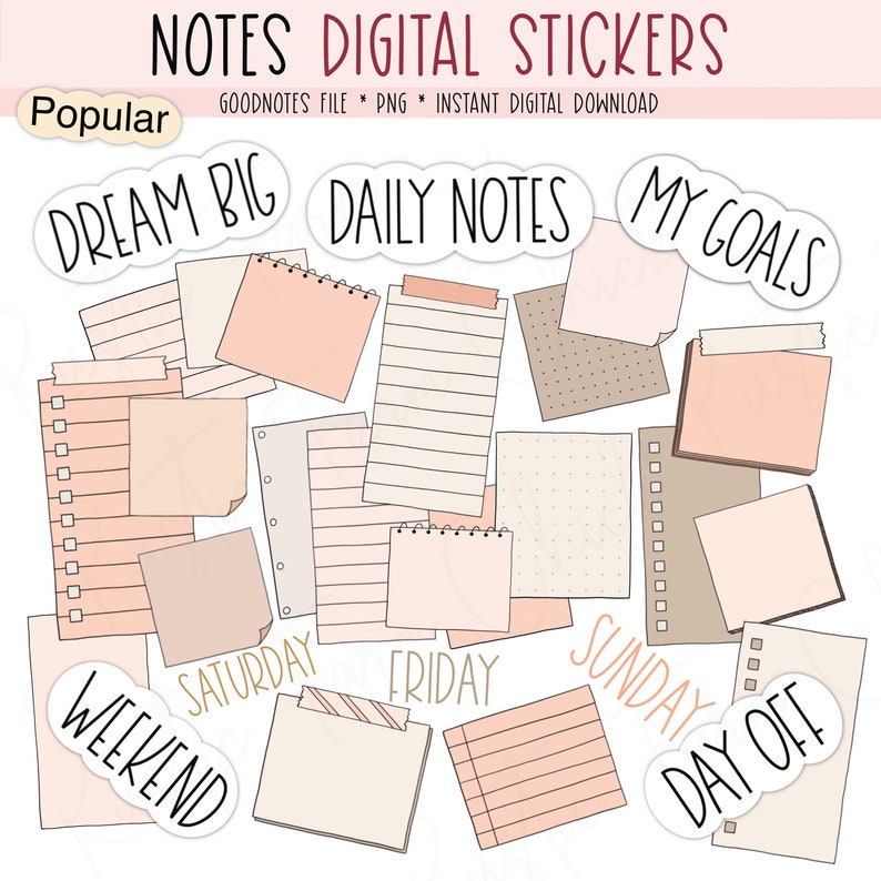 DAILY NOTES Digital Stickers for GoodNotes Planner, Basic Pre-cropped Digital Planner Stickers, GoodNotes Stickers, Bonus Stickers 