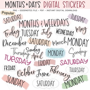 MONTHS & WEEKDAYS Digital Stickers, Basic Calendar Pre-cropped Digital Planner Stickers, GoodNotes Stickers, Bonus Stickers image 1