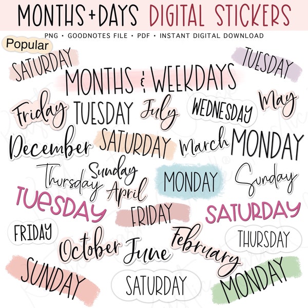 MONTHS & WEEKDAYS Digital Stickers, Basic Calendar Pre-cropped Digital Planner Stickers, GoodNotes Stickers, Bonus Stickers