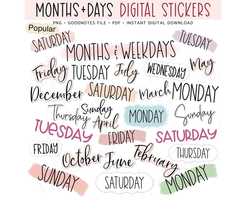 MONTHS & WEEKDAYS Digital Stickers, Basic Calendar Pre-cropped Digital Planner Stickers, GoodNotes Stickers, Bonus Stickers image 1
