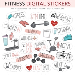 May include: Digital fitness stickers with illustrations of workout equipment, shoes, and motivational phrases. Includes images of a treadmill, weights, a bicycle, and the words "Fitness," "Workout," and "Hydrate."