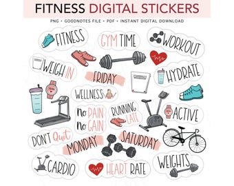 FITNESS & EXERCISE Digital Stickers, Gym Workout Pre-cropped Digital Planner Stickers, GoodNotes Stickers, Bonus Stickers