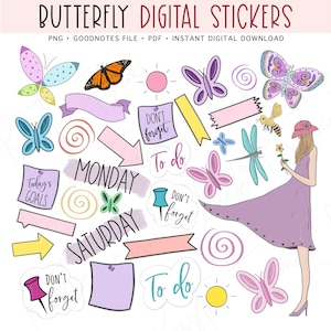 SCHMETTERLING Digitale Aufkleber, GoodNotes-Aufkleber, vorgeschnittene digitale Planer-Aufkleber, Bonus-Aufkleber