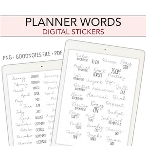 May include: Two digital tablets displaying planner words and phrases in black script. The top banner reads "PLANNER WORDS DIGITAL STICKERS." The tablets show words like "January," "Meeting," and "Budget."