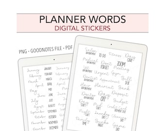 PLANNER WORDS Digital Stickers, Basic Calendar Pre-cropped Digital Planner Stickers, GoodNotes Stickers, Bonus Stickers