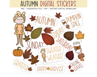 AUTUMN Digital Planner Stickers, GoodNotes Stickers, Pre-cropped Digital Fall Planner Stickers, Bonus Stickers