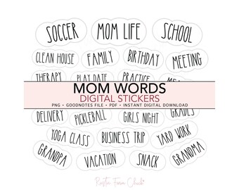 MOM PLANNER WORDS Digital Stickers, Mom Life Pre-cropped Digital Planner Stickers, GoodNotes, Bonus Stickers