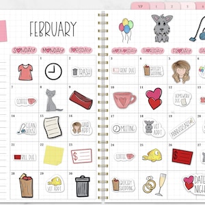 May include: A planner page for February with various illustrated stickers. Includes a pink dress, clock, trash can, coffee cup, cat, purse, heart-shaped mug, hearts, and more. The planner has pink tabs and a spiral binding.