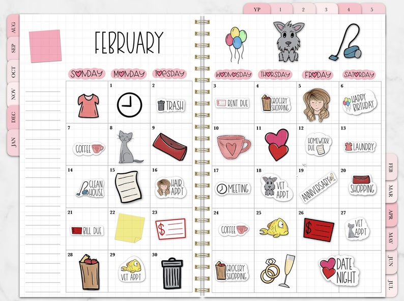 May include: A planner page for February with various illustrated stickers. Includes a pink dress, clock, trash can, coffee cup, cat, purse, heart-shaped mug, hearts, and more. The planner has pink tabs and a spiral binding.