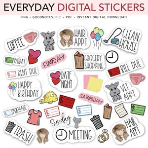 May include: A collection of digital stickers with various illustrations and text, including "Coffee," "Payday," "Happy Birthday," and "Date Night." The stickers are designed for digital use and feature a variety of icons and phrases for everyday planning.