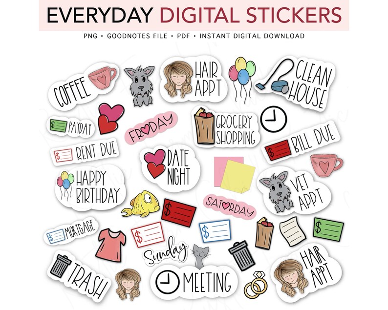 May include: A collection of digital stickers with various illustrations and text, including "Coffee," "Payday," "Happy Birthday," and "Date Night." The stickers are designed for digital use and feature a variety of icons and phrases for everyday planning.
