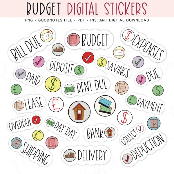 BUDGET Digital Stickers for GoodNotes Planner, Finance Pre-cropped Digital Planner Stickers, Bill Reminder Stickers, Bonus Stickers