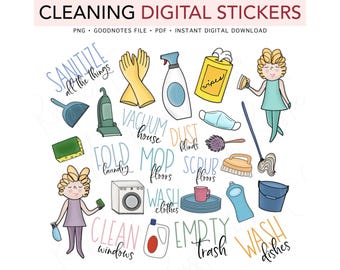 CLEANING, Household Chores, Pre-cropped Digital Planner Stickers, GoodNotes Stickers, Bonus Stickers