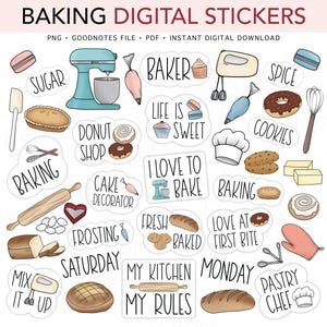 Könnte beinhalten: Digitale Back-Sticker mit Illustrationen von Küchenutensilien, Backwaren und Sätzen wie "Ich liebe es zu backen" und "Meine Küche, meine Regeln". Die Sticker sind in verschiedenen Farben und Formen gestaltet.