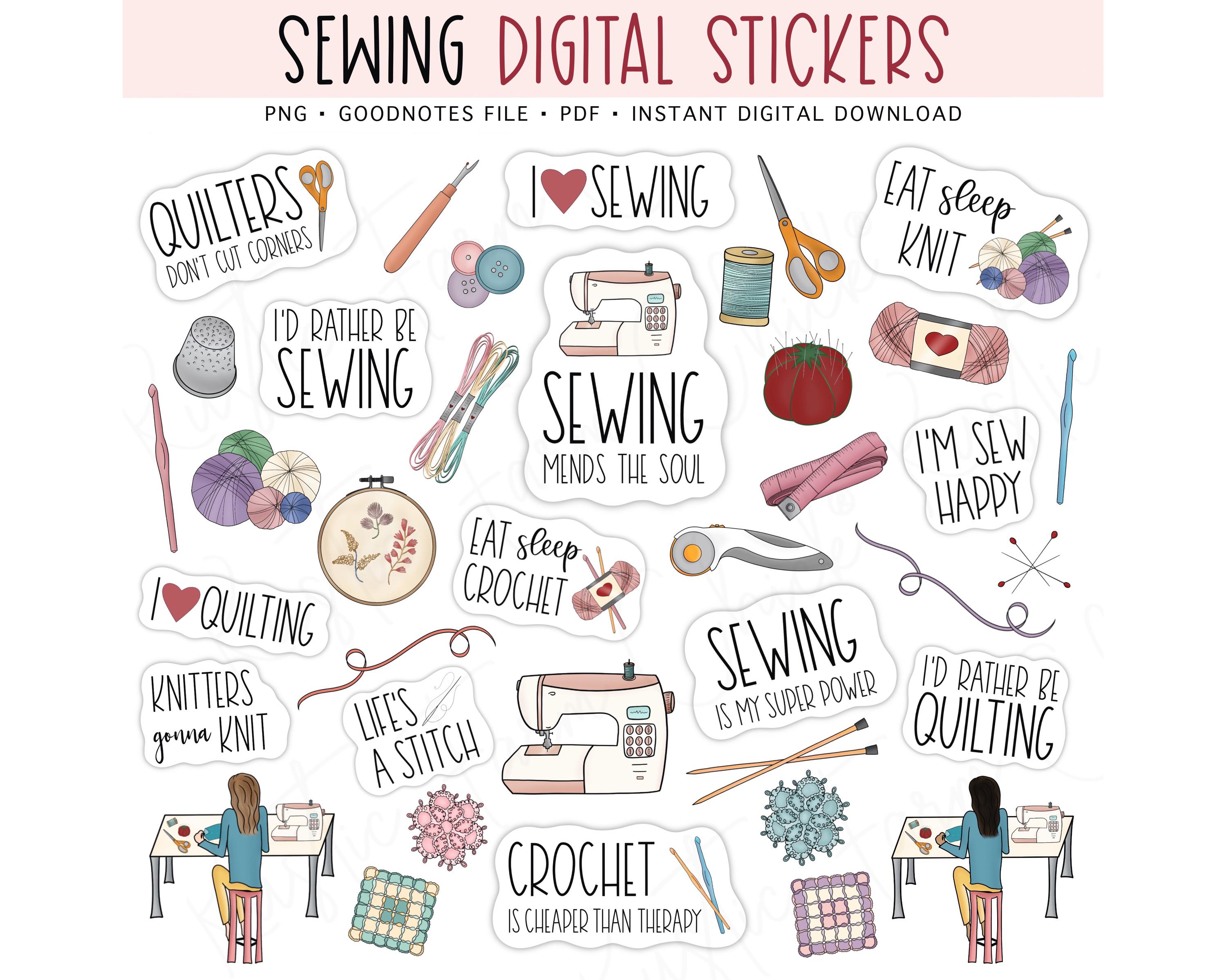 SEWING Digital Stickers, Pre-cropped Digital Planner Stickers, GoodNotes Stickers, Quilting, Crochet, Knitting, Bonus Stickers