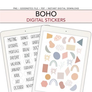 May include: Two digital tablets displaying Boho digital stickers. One tablet shows word stickers for planning, including "Meeting" and "Payday." The other tablet features colorful geometric shapes and patterns. The top banner reads "BOHO DIGITAL STICKERS."