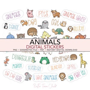 Könnte beinhalten: Digitale Aufkleber mit Cartoon-Tieren wie Schwein, Hund und Katze. Die Aufkleber enthalten Texte wie "Tiere", "Haustiere" und "Ich liebe Tiere". Das Design ist in einer weichen, pastellfarbenen Farbpalette gehalten.