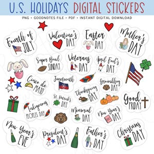 NATIONAL U.S. HOLIDAYS Digital Stickers, Federal Holidays Pre-cropped Digital Planner Stickers, GoodNotes Stickers, Bonus Stickers