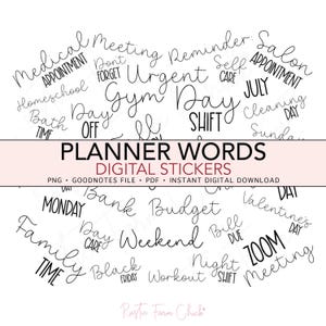 PLANNER WORDS Handwriting Font Digital Stickers, Basic Daily Pre-cropped Digital Planner Stickers, GoodNotes Stickers, Bonus Stickers