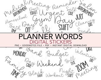 PLANNER WORDS Handwriting Font Digital Stickers, Basic Daily Pre-cropped Digital Planner Stickers, GoodNotes Stickers, Bonus Stickers