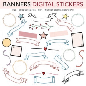 May include: Digital stickers featuring banners, stars, hearts, and floral wreaths in pastel colors. The image includes the text "Banners Digital Stickers" and file type information.