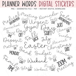 PLANNER WORDS Digital Stickers, Basic Calendar Pre-cropped Digital Planner Stickers, GoodNotes Stickers, Bonus Stickers