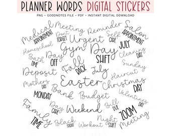 PLANNER WORDS Digital Stickers, Basic Calendar Pre-cropped Digital Planner Stickers, GoodNotes Stickers, Bonus Stickers