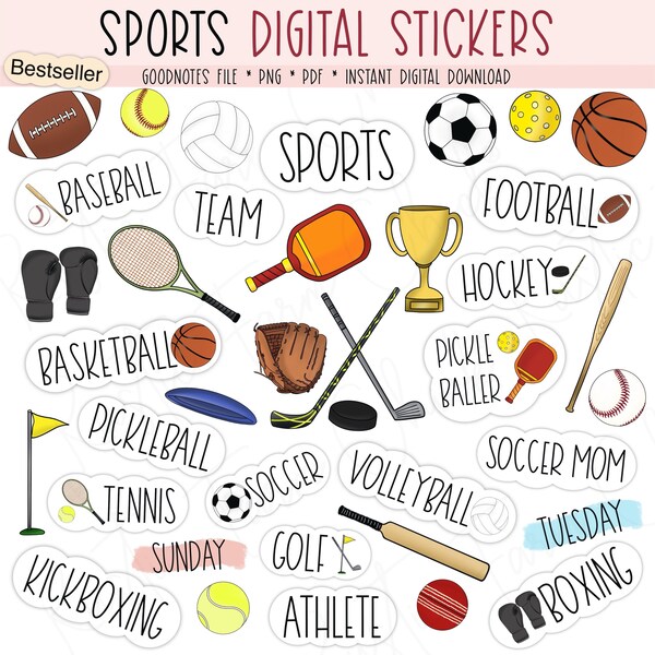 SPORTS Digital Stickers for GoodNotes, Pre-cropped Digital Planner Stickers, GoodNotes Stickers, Pickleball, Soccer, Bonus Stickers