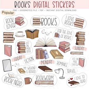 BOOKS Digital Stickers for GoodNotes, Reading Stickers, Pre-cropped Digital Planner Stickers, GoodNotes Stickers, Bonus Stickers