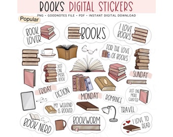 BOOKS Digital Stickers for GoodNotes, Reading Stickers, Pre-cropped Digital Planner Stickers, GoodNotes Stickers, Bonus Stickers