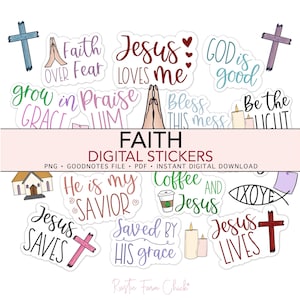 Puede incluir: Una colecci&oacute;n de pegatinas digitales con tem&aacute;tica de fe, con varios dise&ntilde;os y textos. Las pegatinas incluyen cruces, manos rezando, velas y frases como "Jes&uacute;s me ama" y "Dios es bueno". La imagen tambi&eacute;n incluye el texto "Faith Digital Stickers".