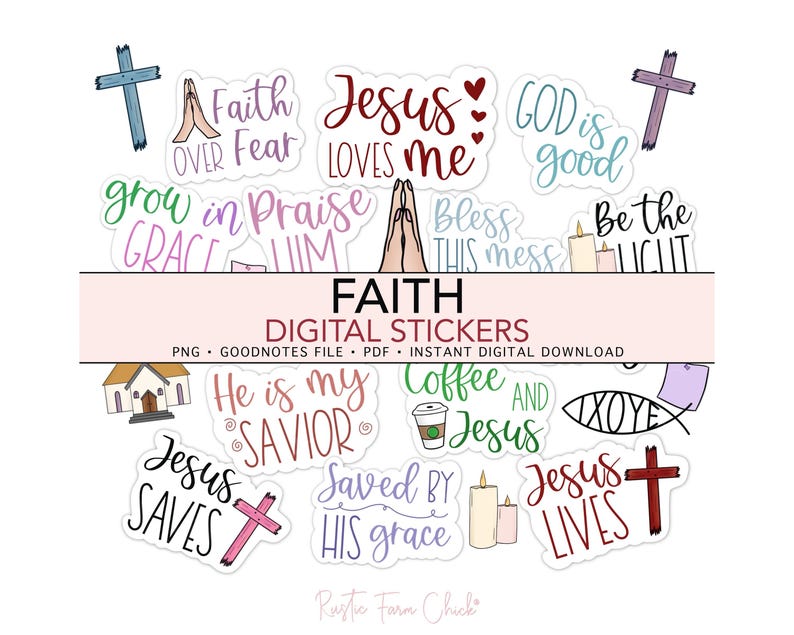 Puede incluir: Una colecci&oacute;n de pegatinas digitales con tem&aacute;tica de fe, con varios dise&ntilde;os y textos. Las pegatinas incluyen cruces, manos rezando, velas y frases como "Jes&uacute;s me ama" y "Dios es bueno". La imagen tambi&eacute;n incluye el texto "Faith Digital Stickers".
