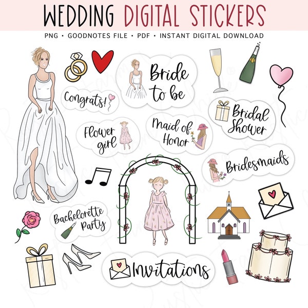 WEDDING PLANNER Digital Stickers for GoodNotes, Bridal Pre-cropped Digital Planner Stickers, GoodNotes Stickers, Bonus Stickers