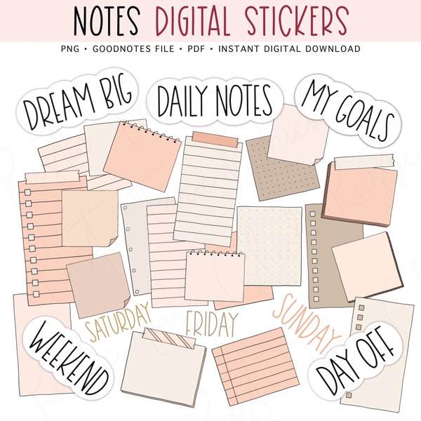 NOTES & NOTEPADS Digitale Aufkleber für GoodNotes, Sticky Notes vorgeschnittene digitale Planner-Aufkleber, GoodNotes-Aufkleber, Bonus-Aufkleber