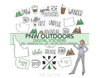 PACIFIC NORTHWEST Digital Stickers, Adventure, Wander, Hike, PNW Outdoors Pre-cropped Digital Planner Stickers, GoodNotes, Bonus Stickers