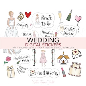 Könnte beinhalten: Eine Sammlung digitaler Hochzeitsaufkleber mit Illustrationen einer Braut, Ringen, Herzen, Champagner, Geschenken und Texten wie "Bride to be", "Bridal Shower" und "Invitations". Der Text "Wedding Digital Stickers" ist ebenfalls vorhanden.