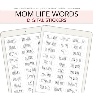 Könnte beinhalten: Zwei digitale Tablets mit Aufklebern mit Wörtern wie "Mom Life", "School" und "Vacation". Das obere Banner lautet "Mom Life Words Digital Stickers."