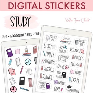 STUDY Digitale Aufkleber für GoodNotes, Schule vorgeschnittene digitale Planer Aufkleber, GoodNotes Aufkleber, Bonus Aufkleber