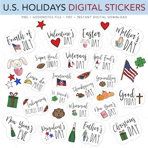 May include: A collection of digital stickers featuring various U.S. holidays. Each sticker has a unique design and text, including holidays like Valentine's Day, Easter, and Christmas. The stickers are in PNG format and are available for instant digital download.