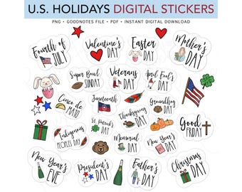 NATIONAL U.S. HOLIDAYS, Federal National Holidays, Pre-cropped Digital Planner Stickers, GoodNotes Stickers, Bonus Stickers